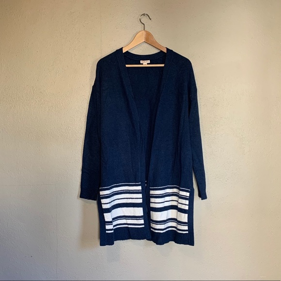 Merona Blue & White Striped Open Cardigan Knee Length Sweater Long Sleeves L - Picture 1 of 7